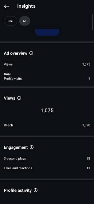 Online Advertising on Instagram Online Advertising on Instagram This screen shows Instagram “Insights” for an ad: in the Ad overview, the goal is profile visits, the ad has 1,075 views with a reach of about 1,090 people, 98 three‑second plays, 11 likes and reactions, plus a section for profile activity.