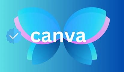 “canva” written in white across a colorful, butterfly-shaped design on a blue background.