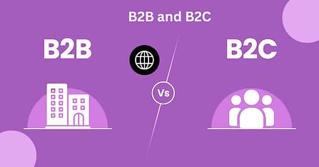 How to Get Started with B2B vs B2C Marketing? This image compares B2B and B2C: at the top it says “B2B and B2C,” on the left it shows “B2B” with a building icon, in the middle there is a circle with “Vs,” and on the right it shows “B2C” with a group-of-people icon.